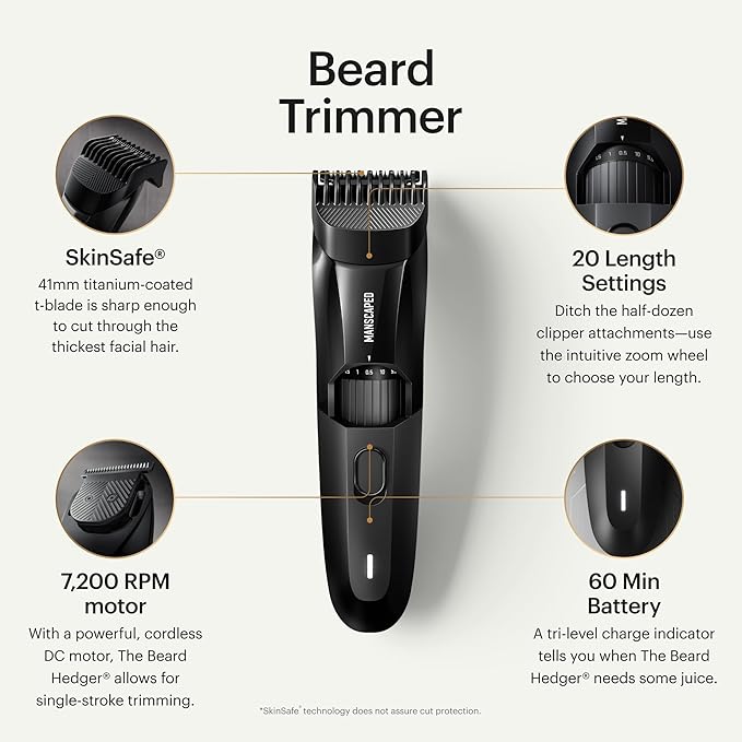 MANSCAPED® The Beard Hedger® Men's Premium Beard Trimmer 20 Length Adjustable Blade Wheel Stainless Steel T-Blade for Precision Facial Hair Trimming Cordless Waterproof Wet/Dry Clipper