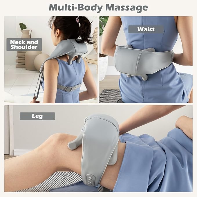 COSTWAY Neck Shoulder Massager with Heat 4D Deep Tissue Kneading Shiatsu Machine for Pain Relief Portable Cordless Neck Back Leg Massager Pillow Gift for Mom Dad Family Women Men (Grey)