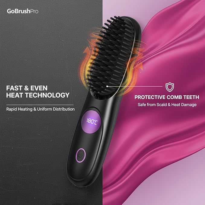 Go Brush Pro Gobrush Pro Portable Straightener Brush Cordless Hair Straightener Brush for Short Hair 3 Adjustable Temperature LED Display Upgraded Fast Heating Hairs Comb for Women Travel (Pink)