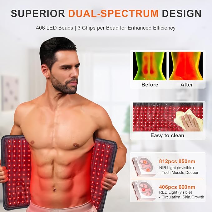 Red Light Therapy Mat for Body 406 LEDs 34.3x15.9 Near Infrared Light Therapy Pad 660nm &amp 850nm Light Blanket for Back Shoulder Waist Muscle Pain Relief with Smart Temp &amp Timer 60W