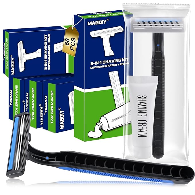 60 Pack Disposable Razors Bulk for Men with Travel Shaving Cream Homeless Supplies Bulk Twin Blade Travel Razors and Shaving Cream Kit Individually Wrapped Toiletries for Hotel Airbnb Church