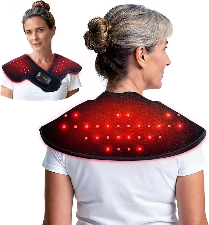 Shoulder &amp Neck Light Therapy Pad – 28 Red 660nm &amp 28 Near-Infrared 850nm LEDs + Built-in Gentle Heating Wires | for Arthritis &amp Muscle Soreness Relief | Wireless Design | Auto Shut-Off