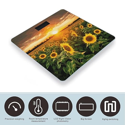 Sunflower Field Sunset Scale with LCD Easy-to-Read Anti-Slip Weight Digital Bathroom Scale Precision Weighing Scales Sturdy Tempered Glass Body Weight Scales for Daily Use