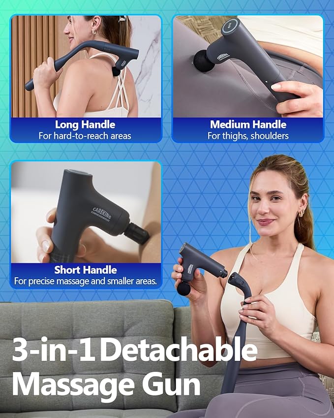 3-in-1 Detachable Massage Gun Deep Tissue Ergonomic Extension Handle Back Massager for Pain Relief Portable Percussion Muscle Massager for Shoulder Thigh Waist &amp Neck FSA-HSA Eligible