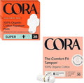 Cora Organic Feminine Care | Super Absorbency Pads with Wings and Non-Applicator Tampon Pack | Ultra-Absorbent Unscented Natural Non-Toxic | 36 Super Pads and 36 Light Tampons | Bundle Pack
