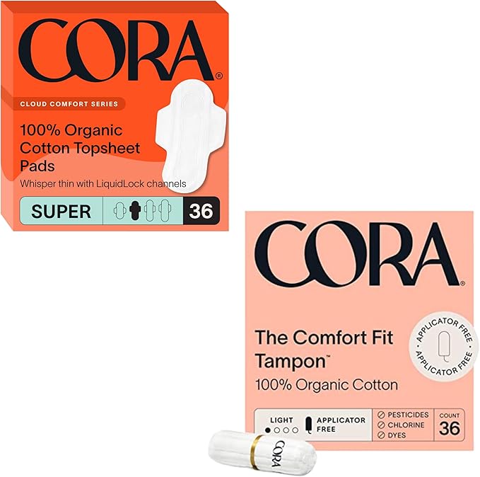Cora Organic Feminine Care | Super Absorbency Pads with Wings and Non-Applicator Tampon Pack | Ultra-Absorbent Unscented Natural Non-Toxic | 36 Super Pads and 36 Light Tampons | Bundle Pack