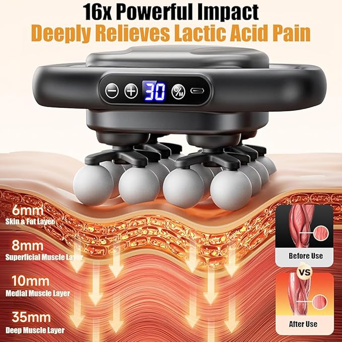 16 Head Massage Gun Deep Tissue - Electric Percussion Massager with Multi Ball Heads Cordless Handheld Muscle Massage Tool for Back Neck Shoulder &amp Body Pain Relief Gift for Athletes &amp Adu