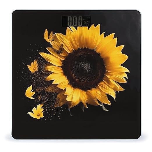 Sunflower on Black Background Scale for Body Weight Anti-Slip Digital Bathroom Scale Sturdy Toughened Glass Weighing Scales High Precision Safe Rounded Corners Smart Scales