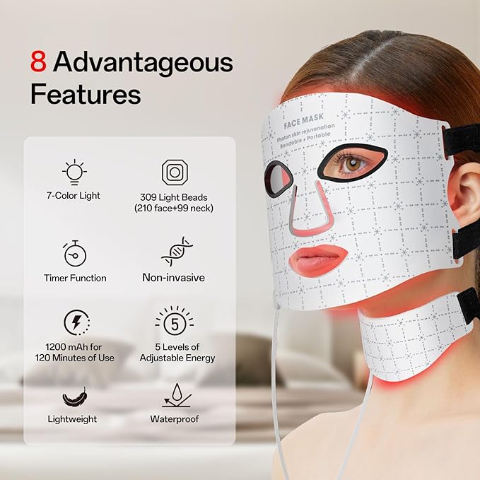 Red Light Mask for Face and Neck 7 Colors Red Light Face Mask with Rechargeable Remote Controller Flexible Portable Lightweight and Ergonomic for Home &amp Travel (White)