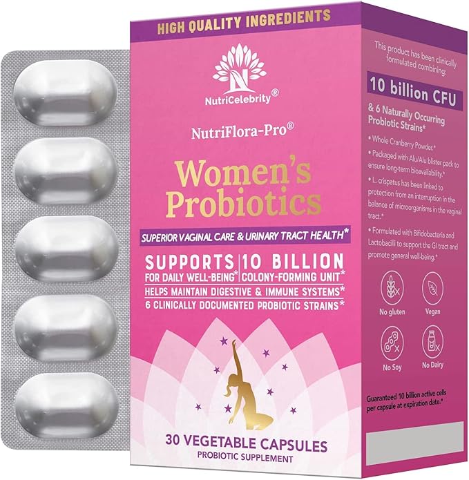 Nutricelebrity Probiotics for Women 10 Billion CFU 6 Strains Organic Prebiotics for DigestiveVaginal&ampImmune HealthPH Balance &amp Feminine HealthPeriod Pain BV Relief Cranberry Extract+ 3 P