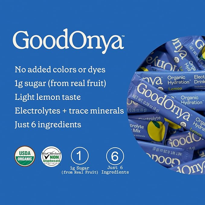 GOODONYA Organic Hydration Electrolyte Drink Mix Certified Organic Hydration Powder Non-GMO Biochecked Glyphosate Free Low Sugar Lemonade Flavor No Artificial Flavors12 Stick Packs