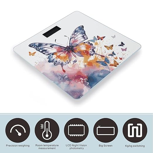 Watercolor Butterfly Bathroom Scale Ultra-Bright Liquid Crystal Screen Weight Scale Accurate Bathroom Body Scales for Body Weight Bathroom Pet Home Bedroom Gift-Giving