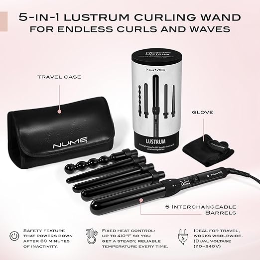 NuMe Lustrum 5 in 1 Tourmaline Ceramic Curling Wand Set with Interchangeable Barrels Digital Display Automatic Shutoff Feature. Heat Up to 410°F