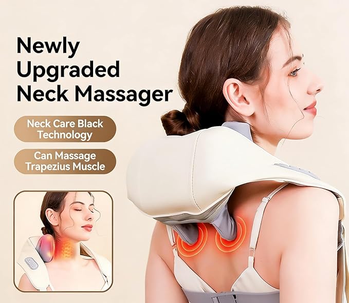 Cordless Neck and Back Massager with Heat 4-Node Deep Kneading Electric Shoulder Massage Pillow Portable Handheld Shiatsu Massager for Muscle Pain Relief 3 Speed Modes PU Leather for Home Office a