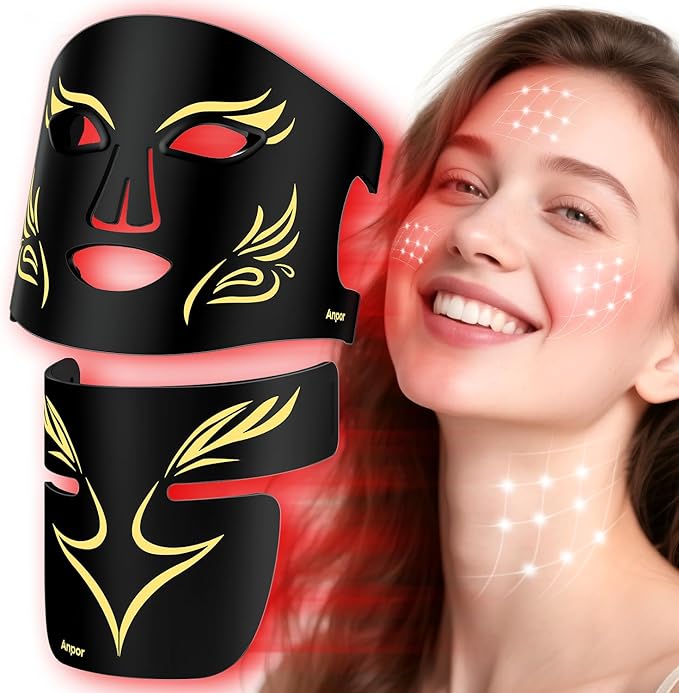 Red Light Therapy for Face and Neck Chest Red Light Therapy Mask 850nm Infrared Light Rechargeable 2000mAh Red Light Mask with 348 LED Beads 4 Modes Timer for Anti-Aging Wrinkles Repair (Black)