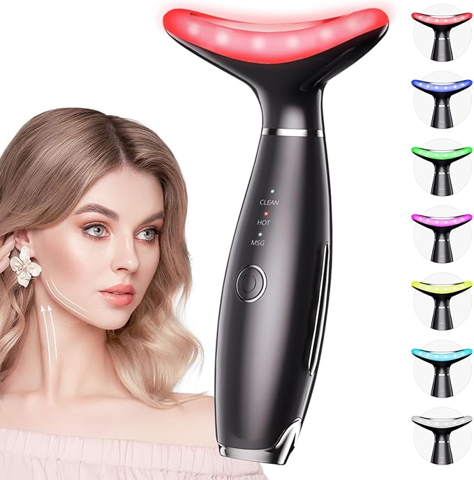 7 Color Galvanic Machines - Red Light Therapy for Face and Neck Face Massager Tool for Wrinkles Double Chin Vibrating Facial Massager with Thermals Black