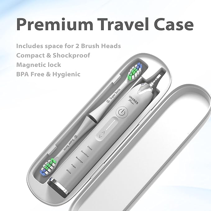 Wagner Stern Ultrasonic whitening Toothbrush with Pressure Sensor. 5 Brushing Modes and 4 Levels of Intensity 8 Soft bristles Travel case.