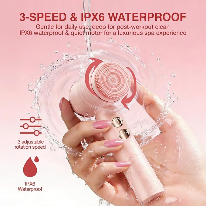 Electric Face Scrubber with Led Display &amp Facial Cleansing Brush - 6-in-1 Exfoliating Kit 3 Speeds IPX6 Waterproof Face Brush for Deep Cleaning Massage &amp Gentle Exfoliation-Pink
