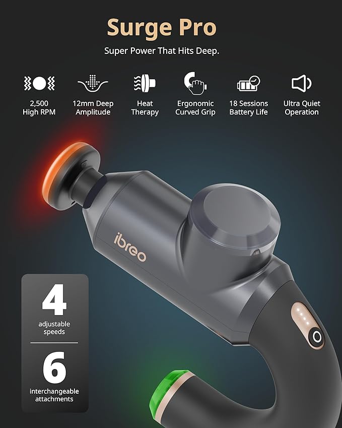Surge Pro Deep Tissue Massage Gun with Heat Percussion Muscle Massager for Pain Relief with 12mm Amplitude 4 Speeds and 6 Massage Heads Handheld Back and Neck Massager for Athletes Men Women