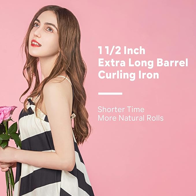 1.5 Inch Extra Large Curling Wand for Long Hair - Ceramic Tourmaline Barrel with 40000000 Negative Ions 2 Clips &amp Heat-Resistant Glove