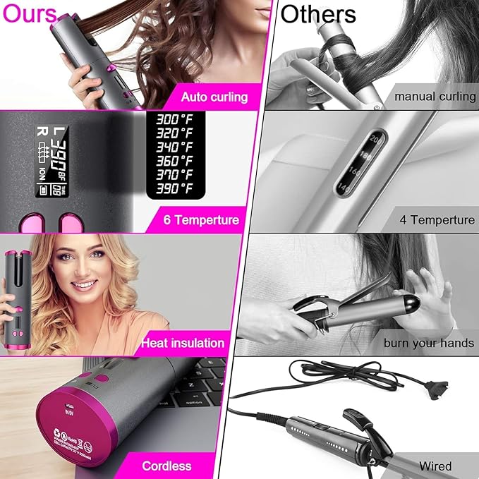 Wireless Auto Hair Curler with Adjustable Temperature and Timer Automatic Cordless Curling Iron with LCD Display Portable Rechargeable Rotating Fast Heating Hair Wand for Style