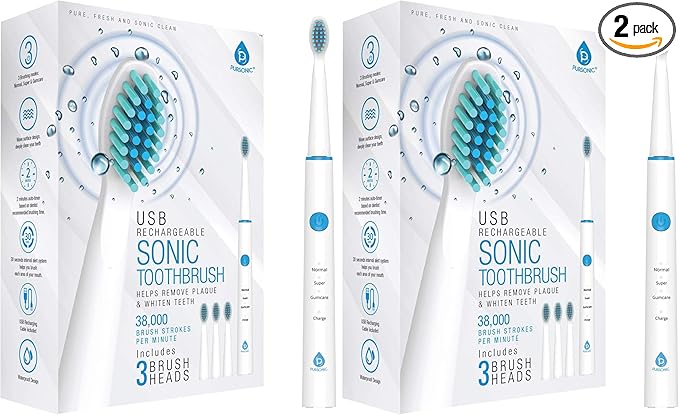 Pursonic Sonic Technology Electric Toothbrush for Kids and Adults 2 Minute Timer Powered Rechargeable Toothbrush 5 Modes 3 Brush Heads 30 Days Long Battery Life Waterproof White (Pack of 2)