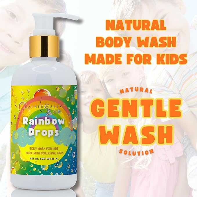Kids Body Wash – Plant Based Gentle Moisturizer with Shea Butter – Safe for Sensitive Skin – Rainbow Drops – 3 Pack (8 oz Each)