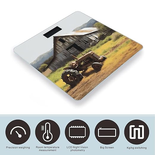 Old Wooden Barn with Rusted Tractor Digital Bathroom Scale for Body Weight with High Precision Digital Weighing Scale with BMI Clear LCD Display and Step-On Measures Weight Up to 180kg