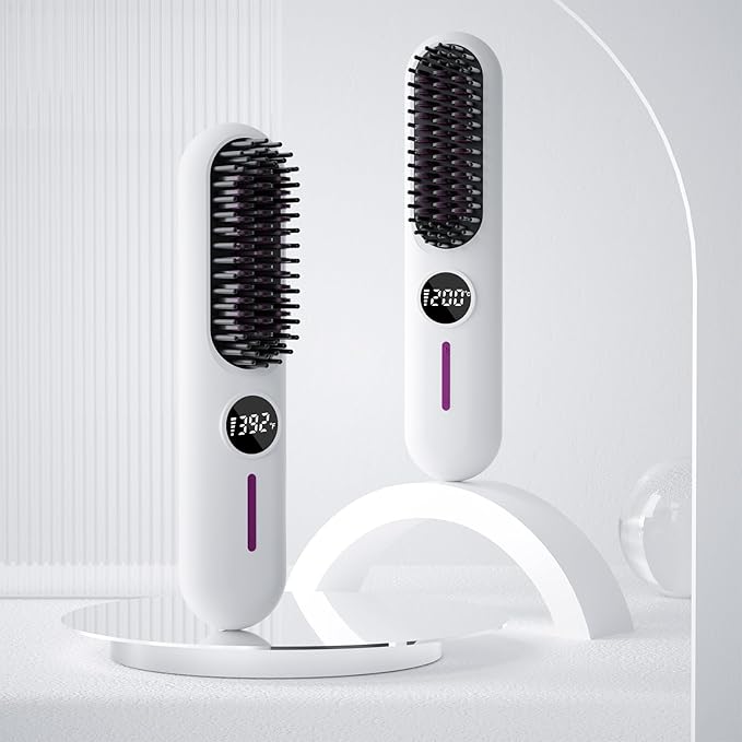 Cordless Hair Straightener Portable Travel Straightening Brush USB Rechargeable Mini Hot Ionic Straightener Comb for Women Fast Heating with 7 Temperature Adjustment (White)