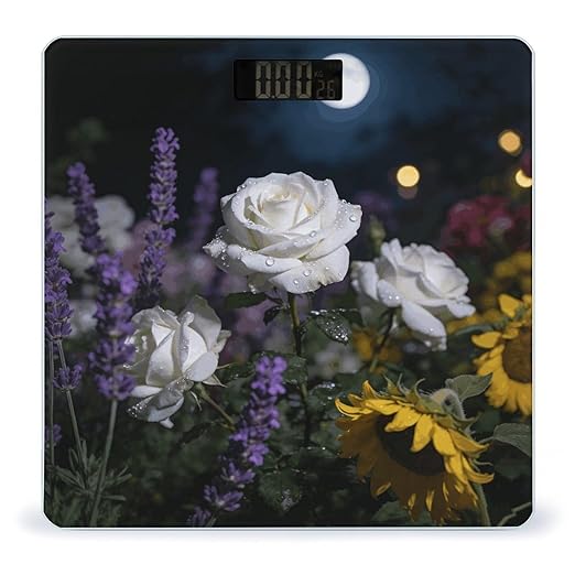 Flowers at Night Weight ScaleClear LED Display Bathroom Digital Weighing ScaleTempered Glass Digital Bathroom Scale for Body Weight Capacity Up to 400 Lbs