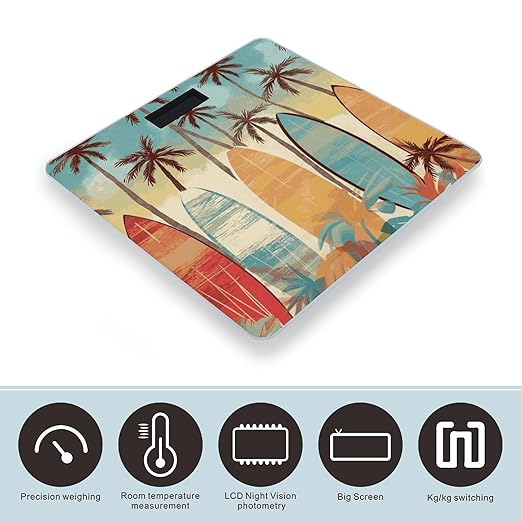 Surfboard Palm Tree Weight Scale Large Bathroom Scales Digital Weight with Bright LED Display Non Slip Automatic Weighing Scale Fashion Weighing Machine for Body