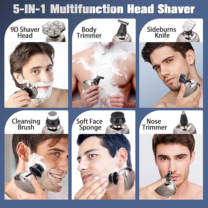 9D Head Shavers for Bald Men 6-in-1 Electric Bald Head Shavers for Men Wet/Dry LED Display Electric Razor for Mens Hair Trimmer