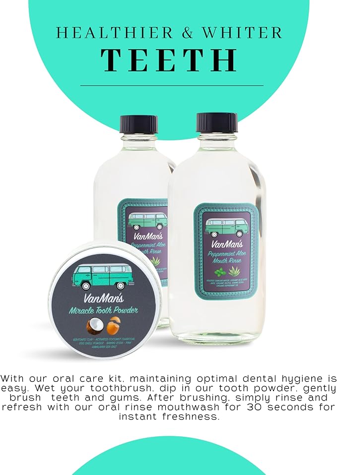 Vanman's - Oral Mouth Care Kit with Powder Toothpaste (2.2 Ounce) and Two Oral Rinse Mouthwash (8.8 Ounce) - Aloe Mint Remineralizing Mouthwash and Tooth Powder with Coconut Charcoal Egg Shell