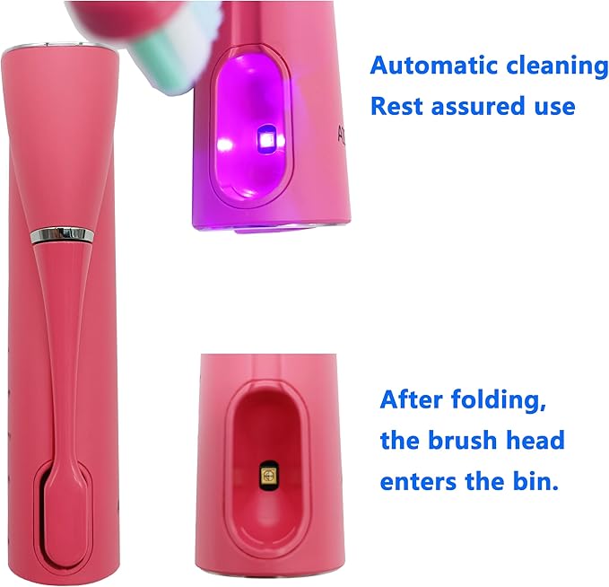 Folding Electric Toothbrush Pink Sonic Electric Self Cleaning Travel Rechargeable Portable.4 Brush Heads.