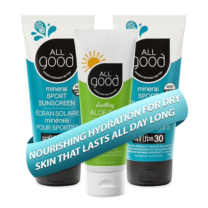 All Good Sport Mineral Sunscreen &amp Aloe Gel Bundle - UVA/UVB Broad Spectrum SPF 30+ Water Resistant - Includes (2) SPF 30 Sport Sunscreen and (1) Aloe Gel