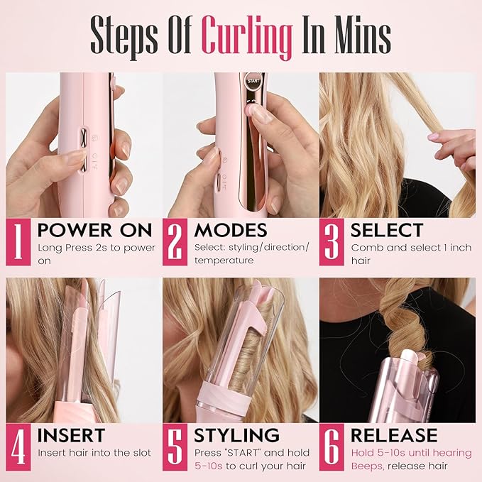 ZAVAREA Automatic Rotating Curling Iron for Long Hair - 1 Inch Curling Wand for Beach Waves &amp Loose Curls Easy Hair Curler for Beginners Anti-Scald &amp Frizz-Free Dual Voltage for Travel
