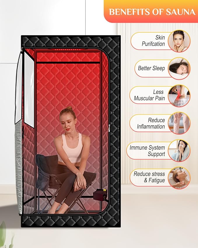 Smartmak Portable Sauna with Infrared 660nm Red Light Therapy Lamp for Home Relaxation Personal Large Full Body Sauna Spa Tent 1500W Fast Heating Hot Air Saunas Folding Chair Indoor Use 130–150°F