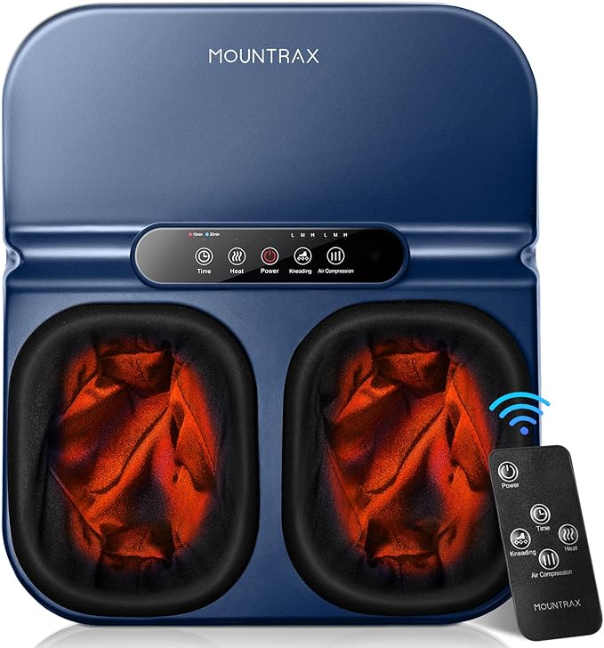MOUNTRAX Foot Massager Machine with Heat Foot Massager for Plantar Fasciitis Neuropathy Pain Shiatsu Foot Massager with Remote Fits Feet Up to Men Size 12 (Blue)
