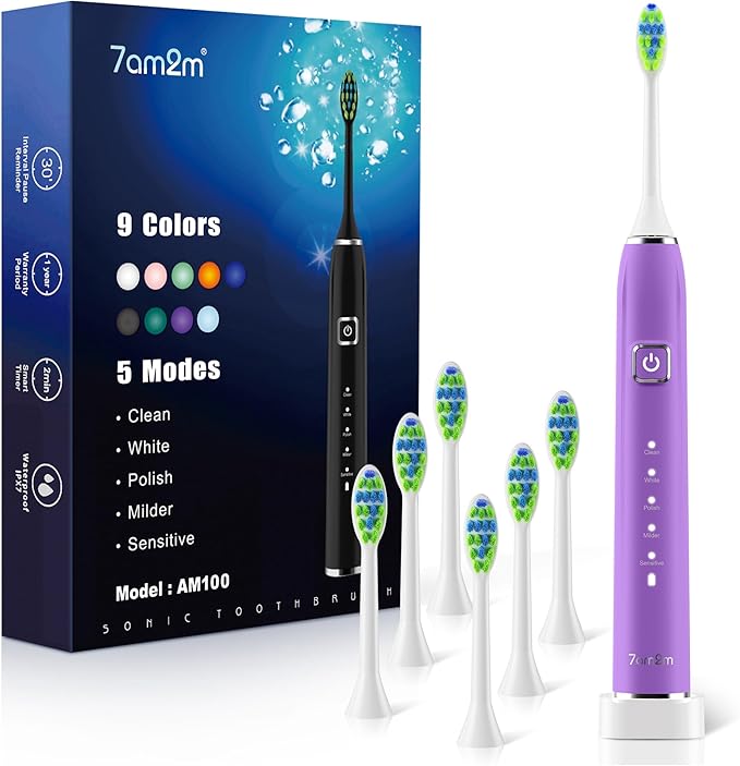 7AM2M Sonic Electric Toothbrush with 6 Brush Heads for Adults&ampKids One Charge for 120 Days Wireless Fast Charge 5 Modes 40000VPM Powered Toothbrush 2 Minutes Built in Smart Timer - Purple