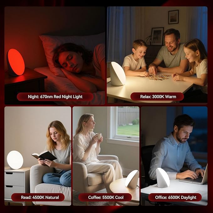 670nm Red Light Therapy Sleep Device &amp 10000 Lux Sun Lamp – Dual Function Sleep Aid and Sunlight Lamp Red Night Light Lamp to Support Deep Relaxation and Improve Sleeping for Adult &amp Kid Bed