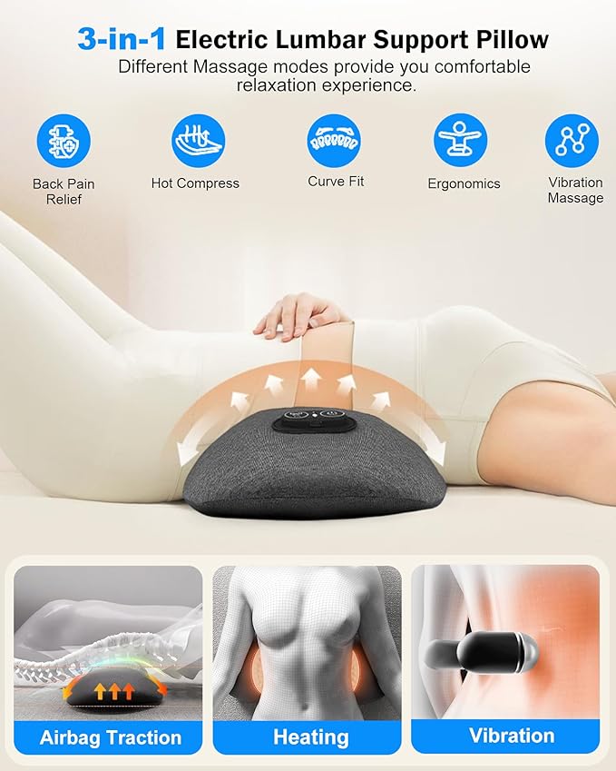 Smooth Triple Fusion Back MassagerElectric Lumbar Support Pillow with Heat &ampVibrationAir Lift Technology Ergonomic Memory Foam Spine Back Massager for Lower Back Tension Relief