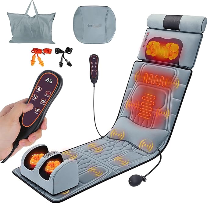 Full Body Massage Mat with Heat&ampVibration -Flannel Shiatsu Back Massager Heat Timer Neck&amp Foot Massager Lumbar Pillow&ampHead Pillow - Massage Chair Pad w Anti-Slip Bottom for Stress Relief/G