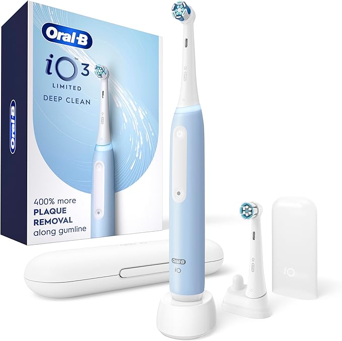 Oral-B Rechargeable Electric Toothbrush iO3 Limited Deep Clean 3 Cleaning Modes Visual Pressure Sensor to Protect Gums 2 Brush Heads Travel Case ICY Blue