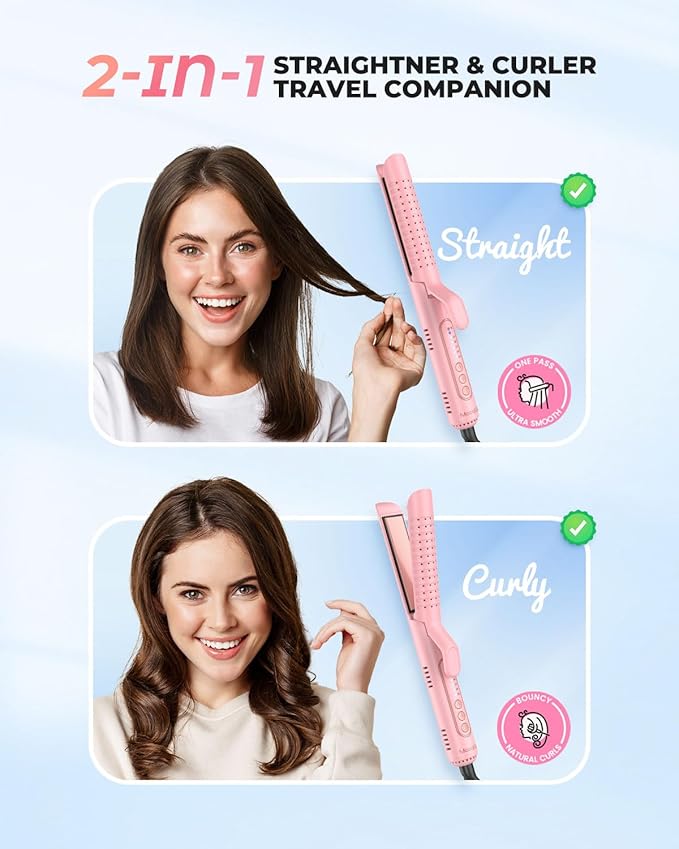 Airflow Styler Curling Iron Hair Straightener and Curler 2 in 1 with 360°Cooling Vents Dual Voltage Adjustable Temp Rose Pink