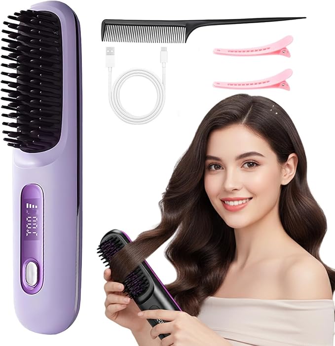 GO Brush 2026 Upgraded Cordless Hair Straightener Brush Portable Ceramic Hair Brush for Travel USB Rechargeable Mini Hair Straightening Comb for Short Long Hair 3 Temperature Settings (Purple)
