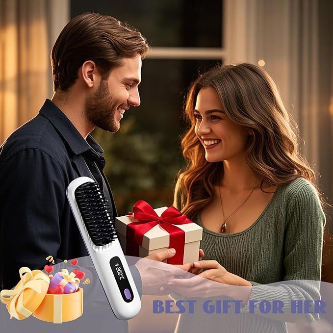 Cordless Hair Straightener Brush 7.8 Mini Hair Straightener with LCD Temperature Display Portable Hair Straightener Comb for Travel Negative Ionic Brush Straighteners for Women (White)