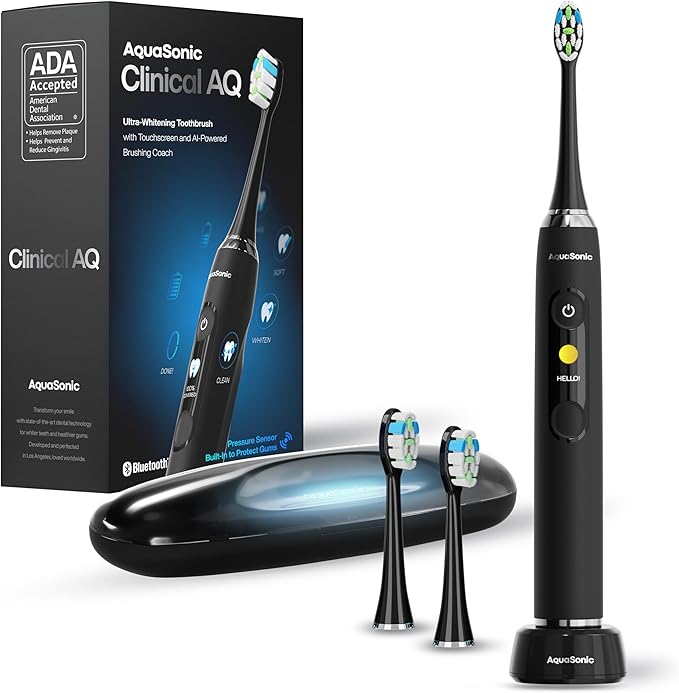 Aquasonic Clinical AQ Ultra-Whitening Smart Toothbrush with Touchscreen Bluetooth &amp Brushing Coach - 2 Brush Heads &amp UV Sanitizing Charging Case
