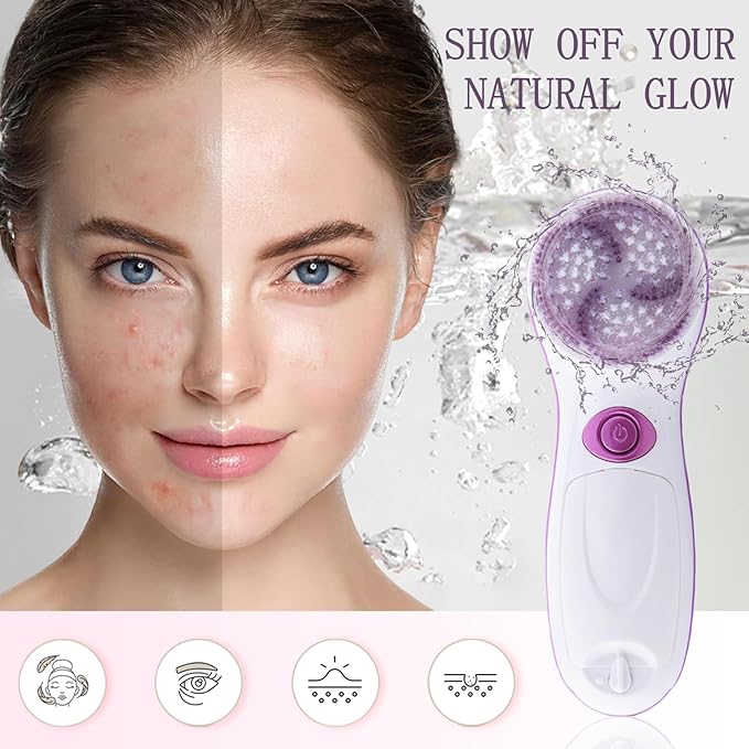 5 in 1 Electrical Facial Cleansing Brush Multi-Function Face Wash Brush with Travel Case and 5 Brush Heads Portable Face Scrubber with 2 Adjustable Speeds for Skin Cleaning and Exfoliating (Purple)