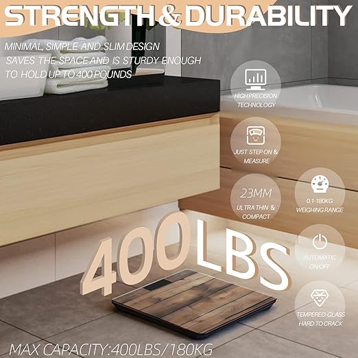 Digital Bathroom Scale for People Old Wood Texture Body Weight Scale Highly Accurate Digital Weighing Machine with Backlit LCD Display Battery Powered Measures Weight up to 400 lb