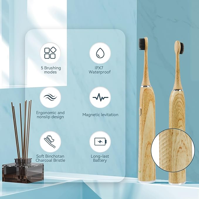 Bamboo Electric Toothbrush Sonic Electric Bamboo Toothbrush for Adults IPX7 Waterproof Rechargeable Toothbrush 5 Cleaning Modes 4 Bamboo Brush Heads Soft Bristle